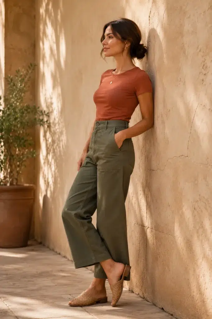 Petite American woman in olive cropped utility trousers, a fitted terracotta top, and woven mules leaning against a sunlit textured wall.