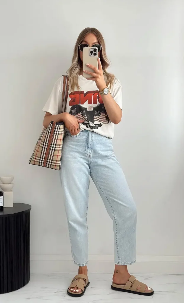 Woman taking a mirror selfie in light wash high-waisted ankle-cropped mom jeans, an oversized white graphic band tee with a French tuck at the front waistband, nude chunky double-strap flat slides, and a large beige and brown classic plaid check tote bag, wearing small gold-rimmed oval sunglasses and a gold watch, in a minimal white interior