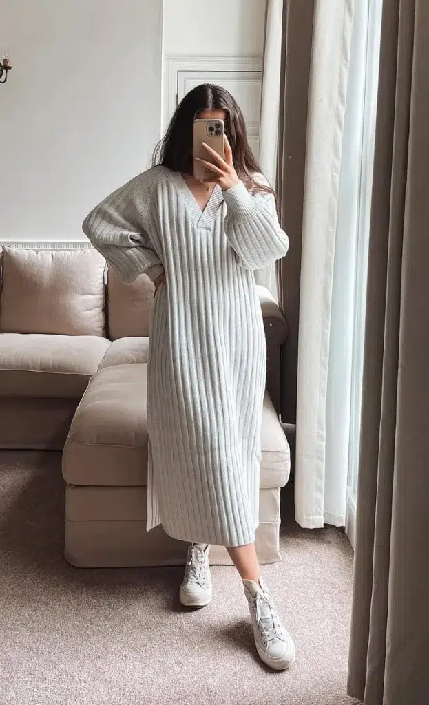 A woman taking a mirror selfie in a softly lit neutral living room beside a sheer-curtained window, wearing a long oversized light grey ribbed knit midi dress with a V-neck collar detail and wide dropped sleeves, paired with white high-top platform sneakers, with a cream sectional sofa visible in the background.