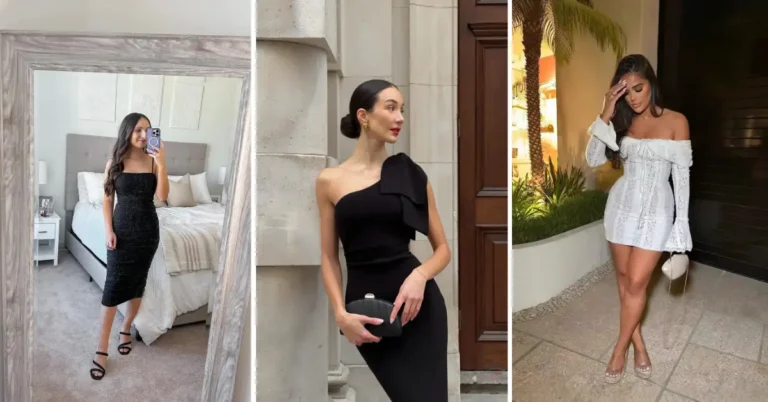Three petite bodycon dress outfits for a night out shown side by side: left panel shows a slim petite brunette taking a bedroom mirror selfie in a black glitter-textured ruched bodycon midi dress with a square neckline and black strappy heels; center panel shows a slim woman with a sleek low chignon wearing a black one-shoulder sculptural bow bodycon midi dress with a gold dome earring, red lip, and black structured clutch against a stone column; right panel shows a woman in a white lace off-shoulder bodycon mini dress with long bell sleeves and ruffled cuffs, holding a small cream round bag, wearing nude platform heels, photographed outdoors at night near a warmly lit luxury entrance with palm trees.