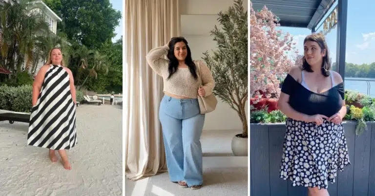 Three petite plus-size outfit ideas shown side by side: on the left, a woman in a bold black and white diagonal stripe halter maxi dress standing barefoot on white resort beach sand; in the center, a woman in a cream open-knit crop top and high-rise light wash wide-leg flare jeans holding a cream shoulder tote, standing in a minimal interior with cream curtains and an olive tree; on the right, a woman in a black off-shoulder bardot top and a black daisy-print flared skirt standing on a modern rooftop terrace with pink cherry blossoms and a river view in the background.