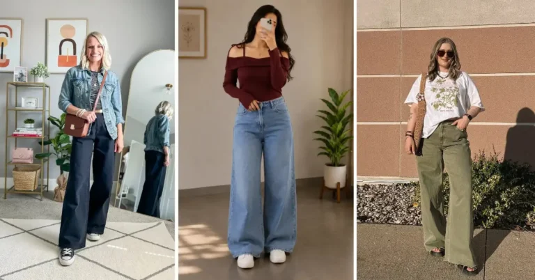 Pinterest-style collage of three petite wide leg jeans outfits: a light wash denim jacket with black wide leg jeans and Converse, a burgundy off-shoulder top with pale light-wash wide leg jeans and white sneakers, and a white graphic tee with olive wide leg jeans and sandals