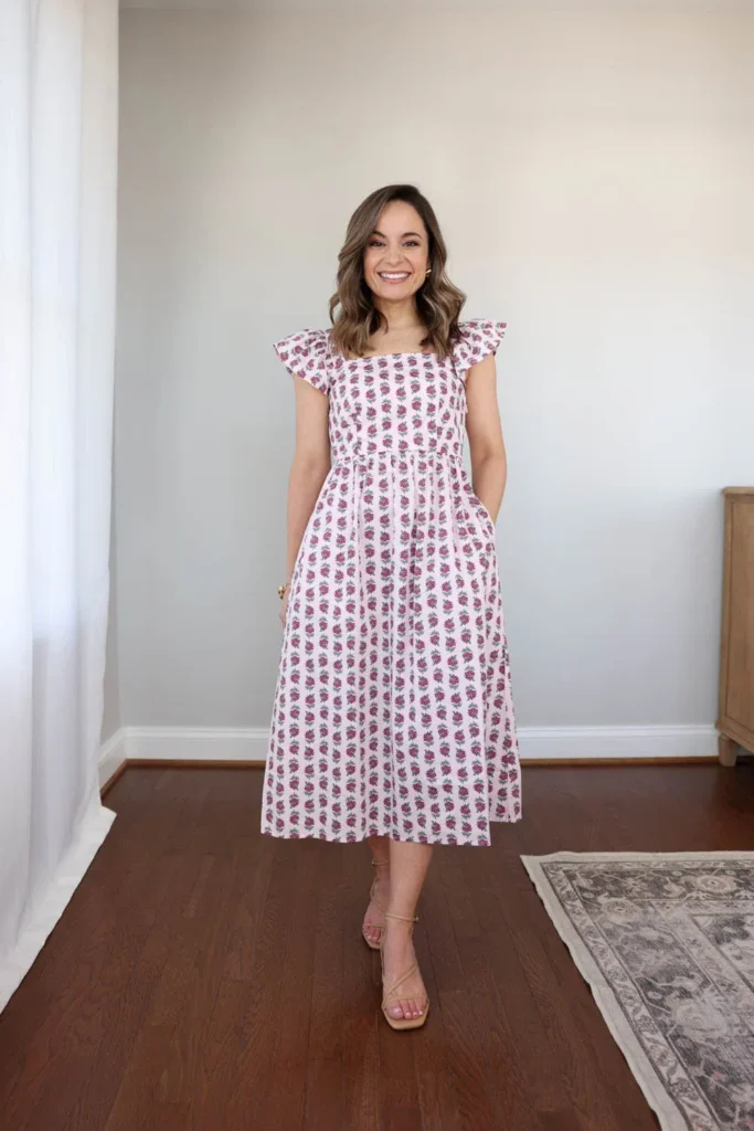 Petite woman standing in a bright room, wearing a pink block-print cotton midi dress with a small rose motif, square neckline, and flutter sleeves, paired with skin-tone strappy heeled sandals, hands in pockets, with a patterned rug and wood dresser behind her.
