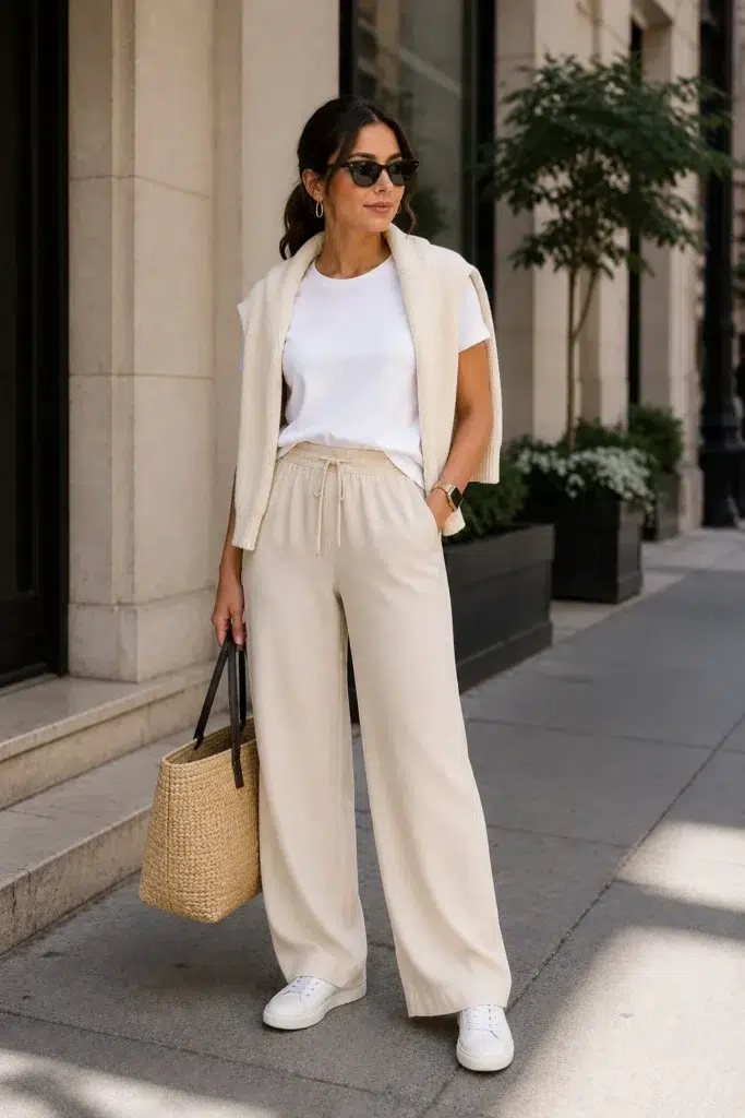Petite woman wearing white tee with cream cardigan draped over shoulders, ivory wide-leg drawstring trousers, white sneakers, raffia tote with black handles, cat-eye sunglasses, and gold accessories on a city street.