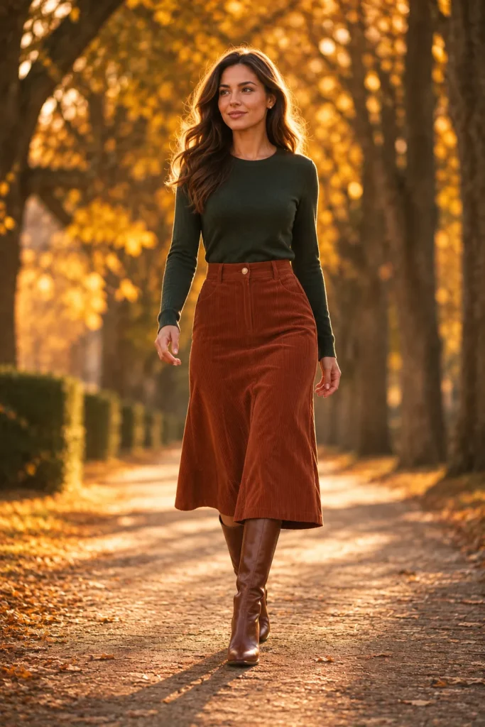 Petite American woman wearing a rust corduroy midi skirt, forest green knit top, and brown knee-high boots on a golden autumn path.