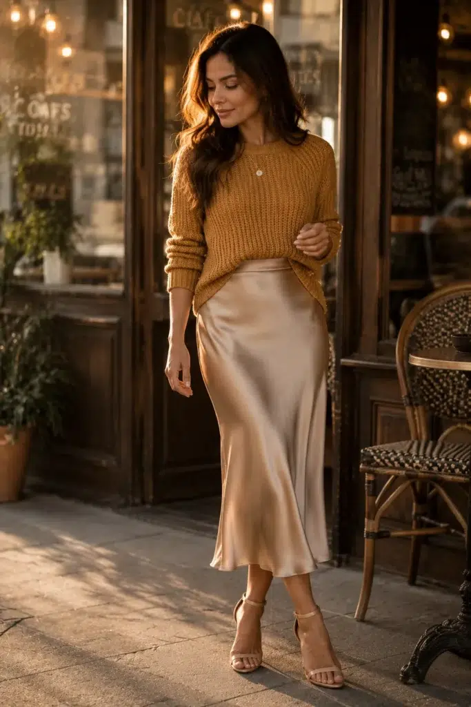Petite American woman wearing a mustard chunky knit and champagne satin midi skirt with strappy heels outside a cozy café at golden hour.