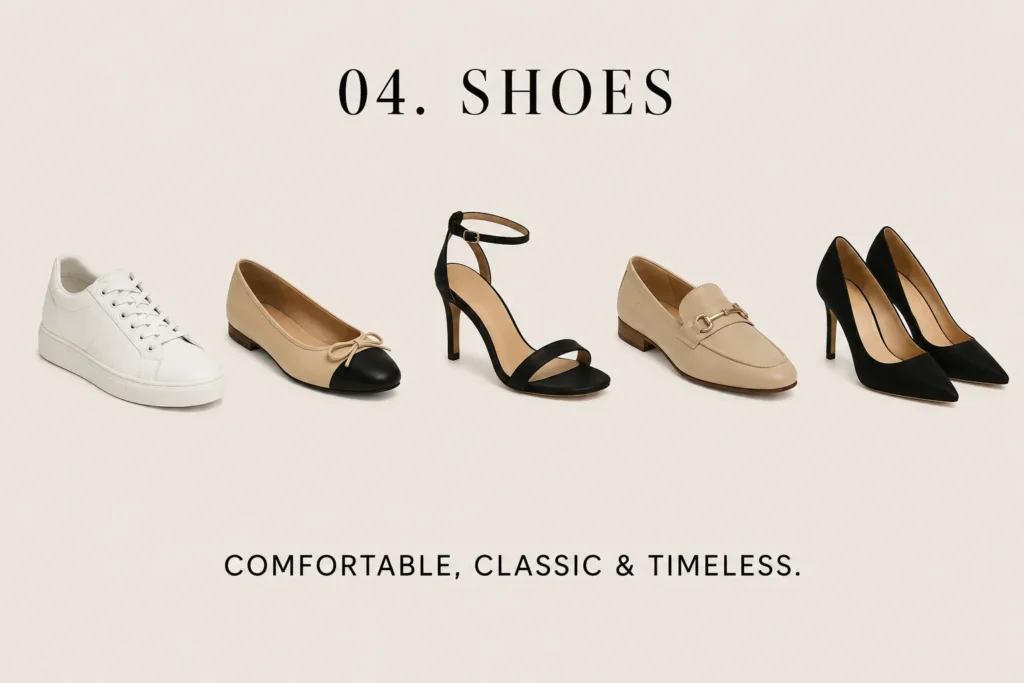 Five neutral shoes for petite women — white leather sneakers, beige cap-toe ballet flats, black ankle-strap heels, taupe horsebit loafers, and black pointed-toe pumps on a cream background.