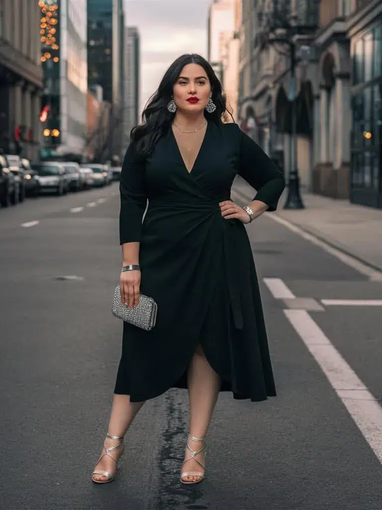 Petite plus-size woman with long dark wavy hair wearing a black three-quarter sleeve wrap midi dress with a deep V-neckline and draped side-tie waist detail with an asymmetric hem, paired with silver strappy heeled sandals, a rhinestone sparkle box clutch, large crystal drop earrings, a delicate silver chain necklace, and a silver cuff bracelet, standing confidently on a city street at dusk with soft evening lights blurred in the background.