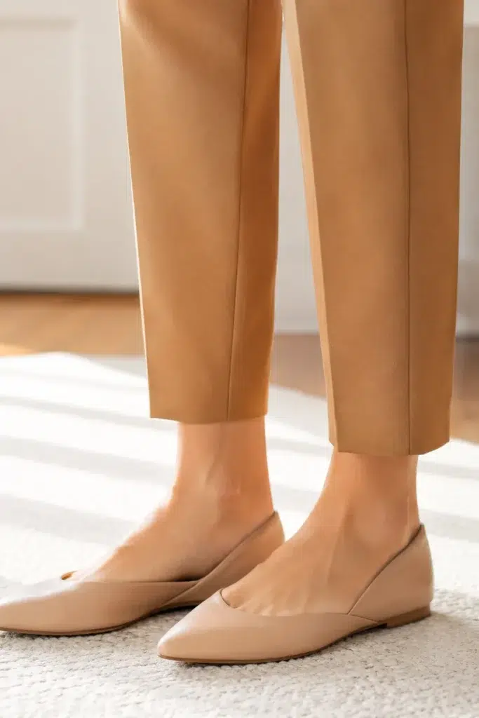 Close-up of camel trouser hems ending at the ankle bone above nude pointed-toe flats on a petite woman