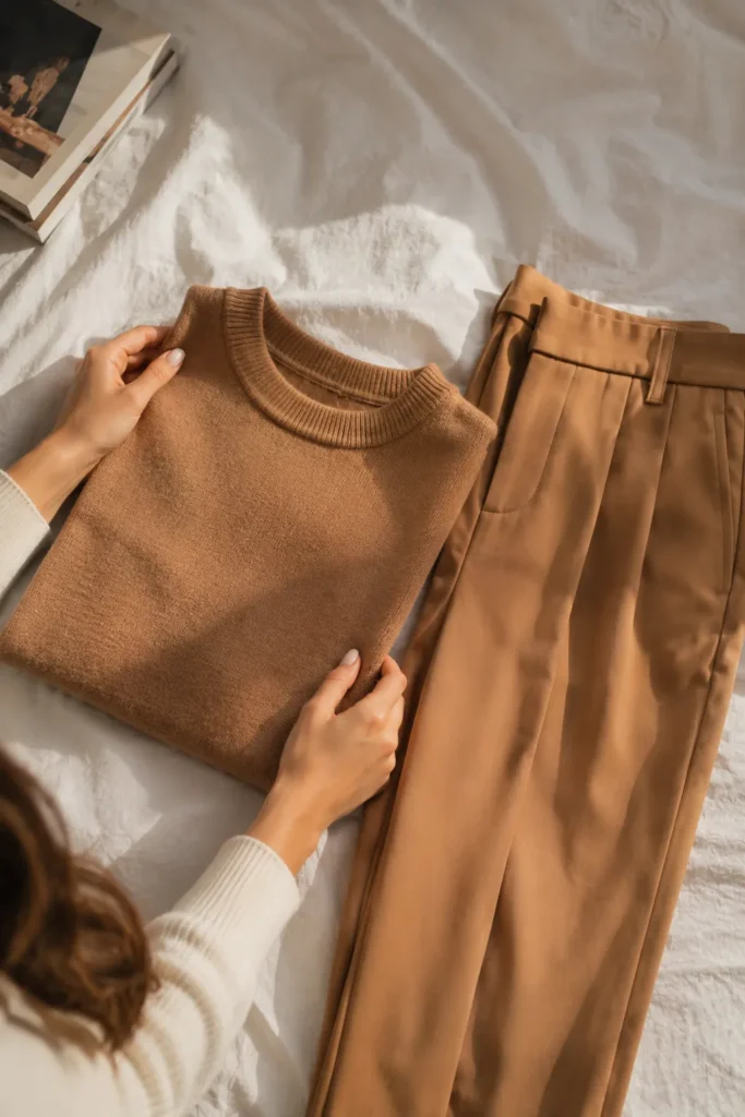 Camel knit top laid beside matching camel trousers on a white bed to build a monochrome petite work outfit