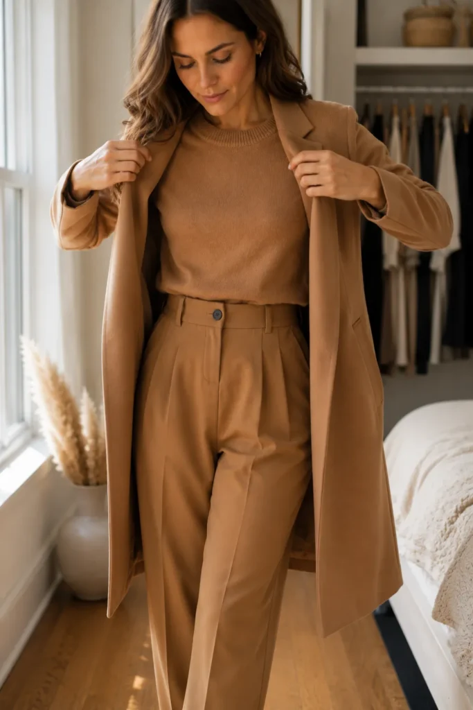 Petite woman sliding on a long open camel blazer over a matching camel work outfit for one vertical line