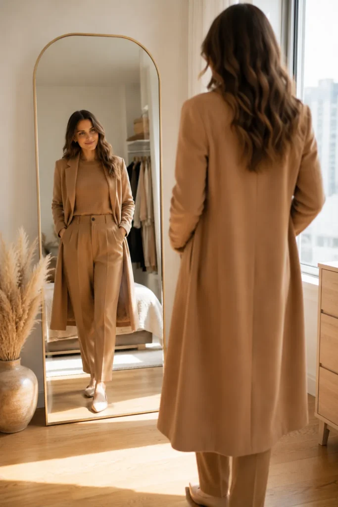 Petite woman checking her full camel monochrome work outfit and nude flats in a floor-length mirror