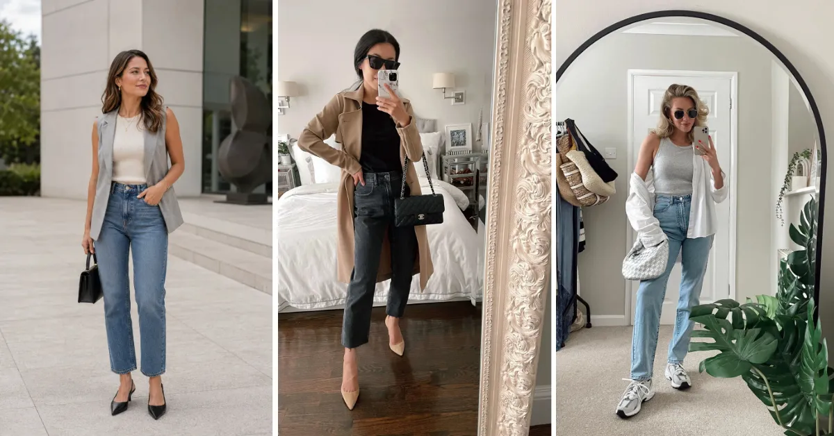 A collage of three petite straight leg jeans outfits: on the left, a woman wearing medium wash straight leg jeans with a grey sleeveless blazer, cream ribbed top, and black pointed-toe slingback heels; in the center, a woman in charcoal straight leg jeans with a camel trench coat, black fitted top, and nude pointed pumps; on the right, a woman in light wash straight leg jeans with a grey tank, white open overshirt, and white chunky sneakers.