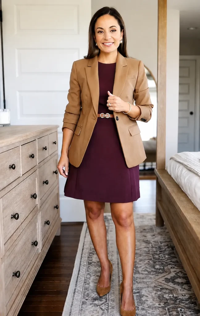 Petite woman wearing a fitted camel blazer over a sleeveless burgundy shift dress, cinched with a slim tan belt with gold hardware, camel pointed-toe heels, pearl stud earrings and a pearl bracelet, photographed indoors — a warm-toned petite interview outfit in jewel and camel tones