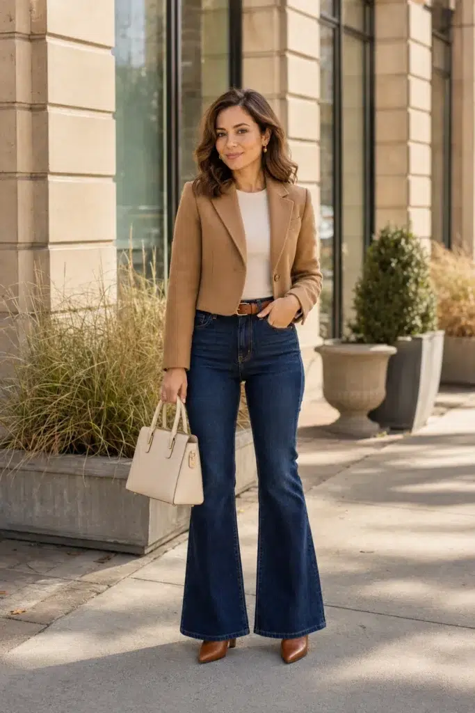 Petite woman in dark indigo high-rise flare jeans and a cropped single-button camel blazer over a fitted cream top, styled with a cognac leather belt, dark tan pointed-toe heeled boots, and a cream structured top-handle tote bag outside a stone building.