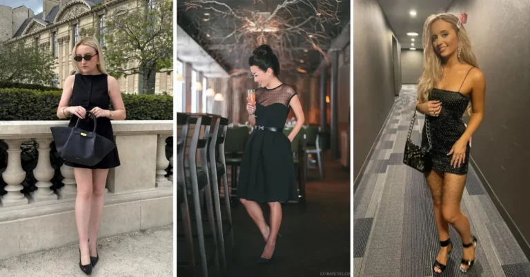 A collage of three petite little black dress outfits side by side. Left: a woman in a sleeveless black mini dress with a tonal button bodice, carrying a large structured black leather tote with gold hardware and wearing black pointed-toe low pumps and small dark oval sunglasses, standing at a stone balustrade in front of a European building. Center: a petite woman in a black fit-and-flare cocktail dress with a sheer polka dot illusion yoke, H-buckle belt at the waist, and dark teal pointed-toe pumps, hair in a sleek top knot bun, holding a champagne flute in a dimly lit upscale restaurant with warm amber pendant lighting. Right: a woman in a black rhinestone-scattered body-con mini dress with spaghetti straps, wearing shimmery rhinestone fishnet tights and black strappy heeled sandals, carrying a quilted black chain-strap bag, standing in a dark-walled indoor venue corridor.
