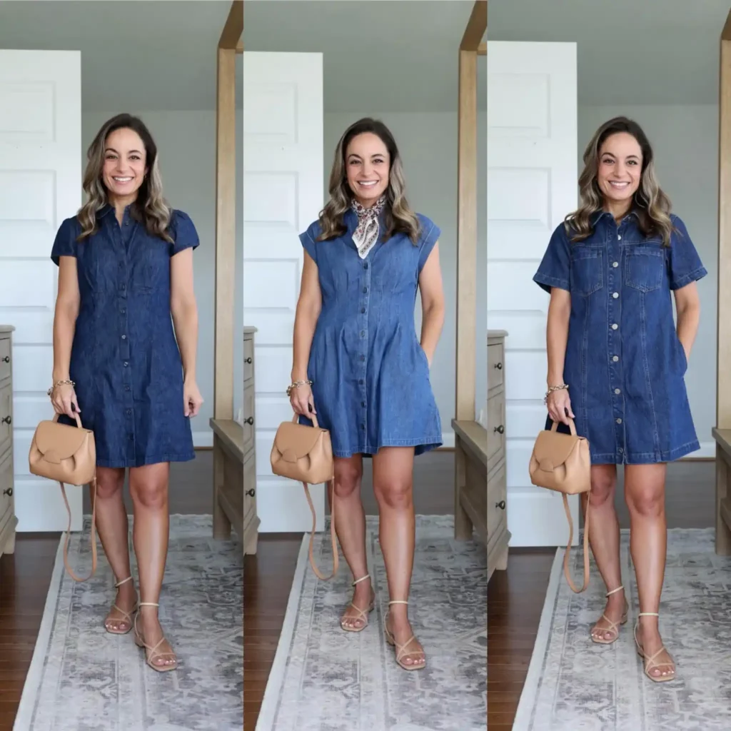 Side-by-side triptych of three denim shirt dress looks on the same woman indoors: left panel shows a dark navy fitted short-sleeve button-front denim mini with a camel top-handle bag and nude strappy flat sandals; center panel shows a medium blue cap-sleeve A-line button-front denim dress with a floral paisley neck scarf, the same bag and sandals; right panel shows a dark wash relaxed short-sleeve button-front denim shirt dress with chest patch pockets, the same bag and sandals, all styled with a gold chain bracelet.