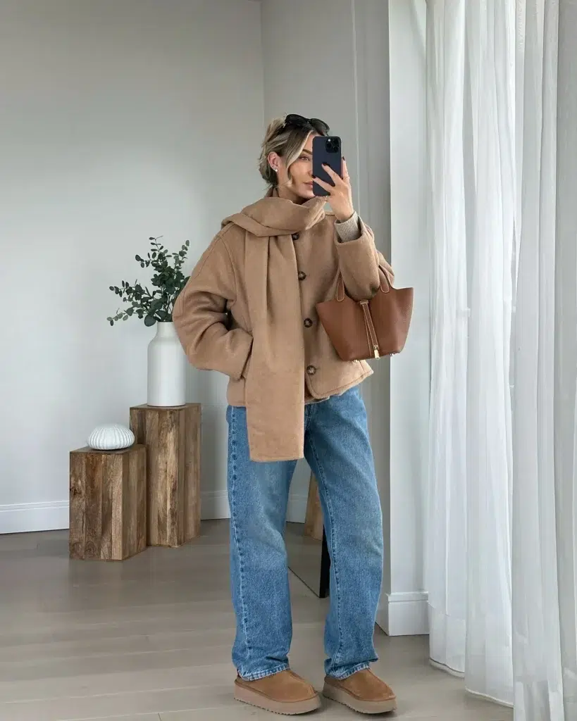 Petite woman taking a mirror selfie in a bright minimal room, wearing a cropped camel wool button-front jacket with a matching camel scarf draped loosely around the neck, a ribbed camel knit visible at the cuffs, medium-wash wide-leg jeans worn full length, camel platform shearling-style boots, dark sunglasses pushed up on a messy bun, and a structured cognac leather tote bag.