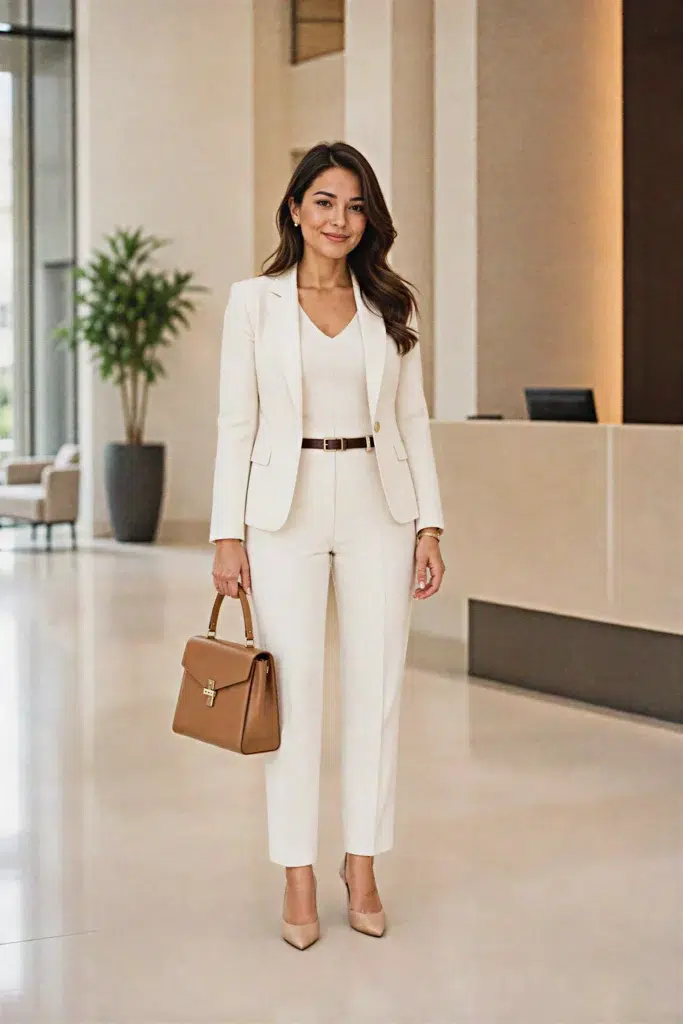 Petite woman in a matching cream ivory blazer and slim ankle trouser suit, wearing a cream v-neck top underneath with a slim dark brown leather belt at the waist, nude pointed-toe heels, and a structured cognac tan top-handle bag with gold lock hardware, standing in a bright modern lobby — a full cream suit petite interview outfit with warm brown accents