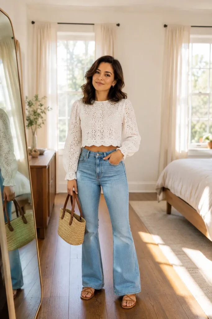 Petite woman in light wash high-rise flare jeans and a white eyelet cropped long-sleeve top with a scalloped hem, paired with tan strappy flat sandals and a woven straw tote bag.