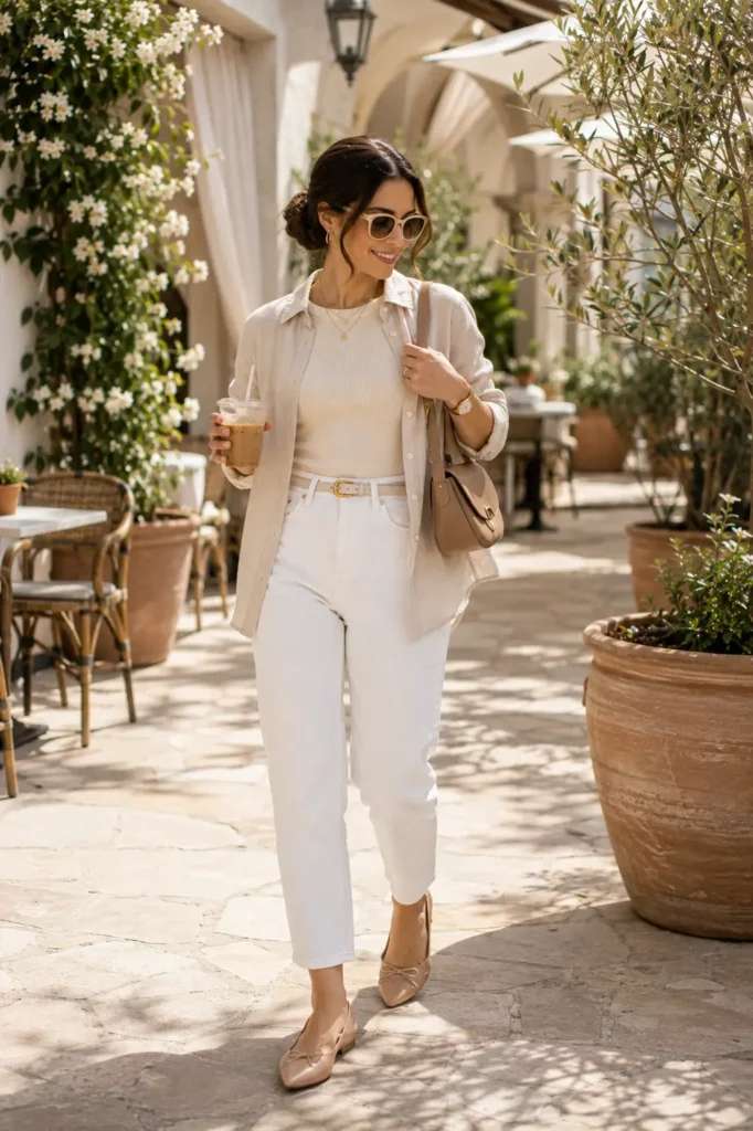 Petite woman in white high-waisted cropped mom jeans, a cream ribbed fitted top, an open oversized sand-toned linen overshirt, a thin white belt with a gold buckle, nude bow-detail ballet flats, and a tan structured crossbody bag, walking through a sunlit Mediterranean-style outdoor courtyard holding an iced coffee