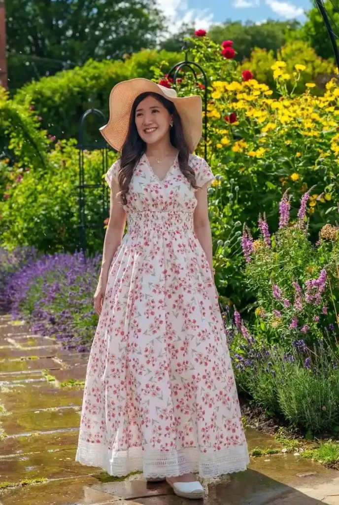 Petite woman with long dark hair in a white small pink floral smocked-waist maxi dress with short flutter sleeves, a V-neckline, and a white crochet lace trim at the hem, wearing a wide-brim natural straw sun hat and white flat shoes, smiling in a lush English cottage garden with lavender, yellow blooms, roses, and a metal arch trellis in the background under a bright blue sky.