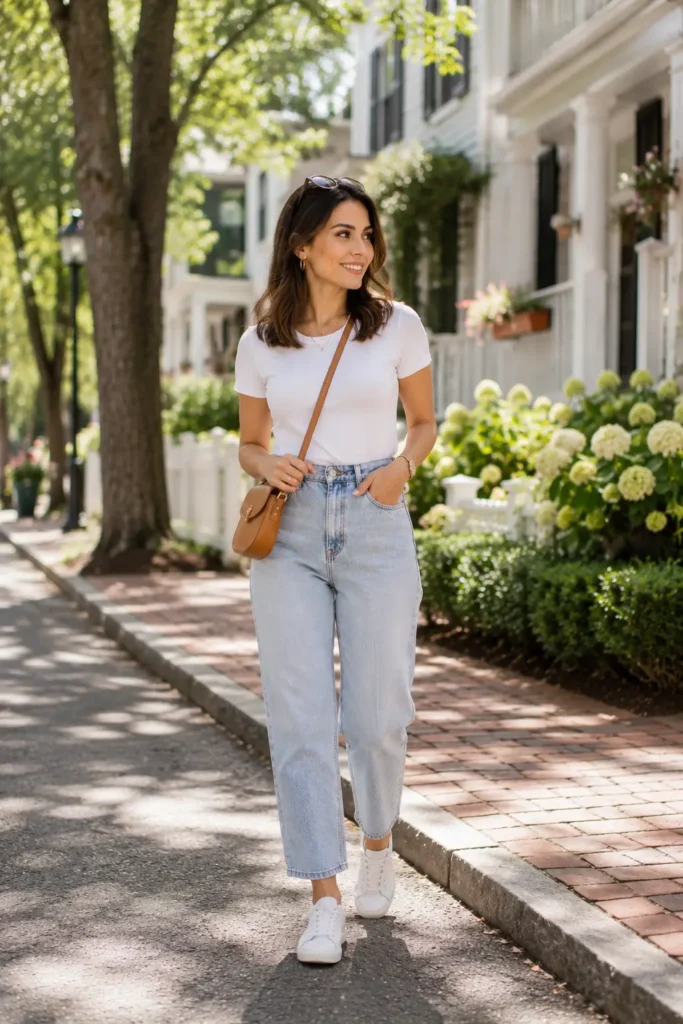 Petite woman in light wash relaxed-fit mom jeans, a fitted white crew neck tee tucked at the high waist, white sneakers, and a tan crossbody saddle bag, walking on a sunny tree-lined suburban street
