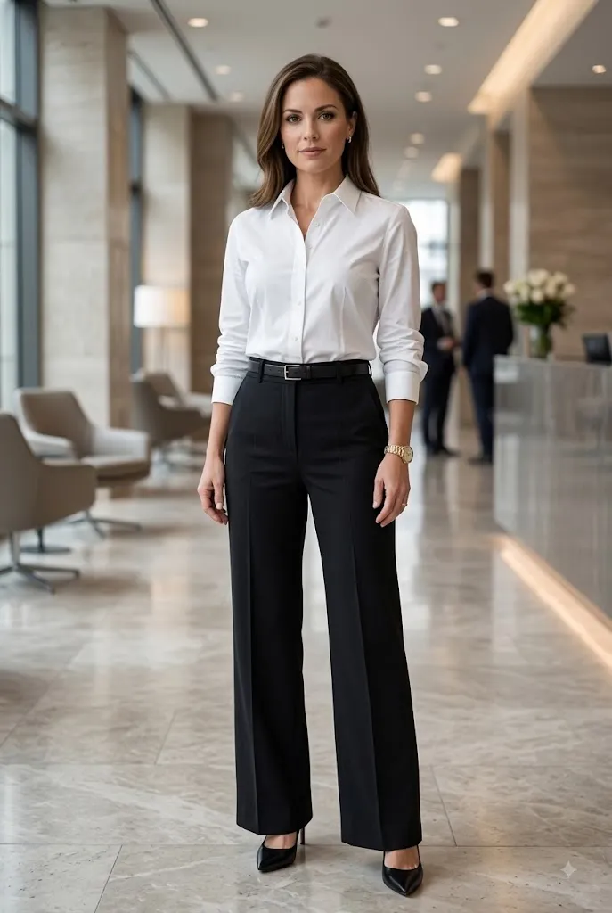 Petite woman in a crisp white button-down shirt tucked into high-waisted black wide-leg trousers, with a black belt, black pointed-toe heels, and a gold watch, standing in a modern corporate lobby — a sharp blazer-free petite interview outfit