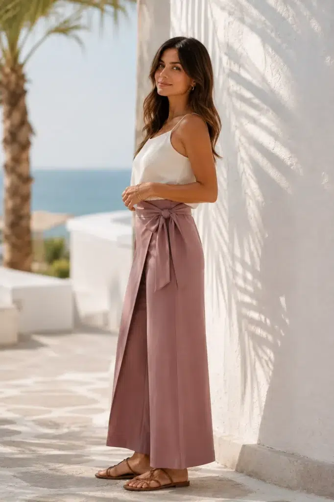 Petite American woman wearing mauve wrap-front wide-leg trousers, a cream cami, and strappy sandals beside a sunlit coastal wall.