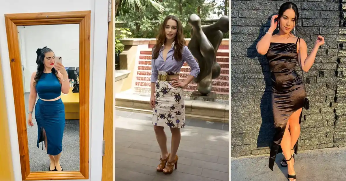 A collage of three petite hourglass outfits: on the left, a teal satin sleeveless crop top paired with a matching ruched drawstring midi skirt with a side slit; in the center, a tucked blue pinstripe shirt cinched with a wide ornate gold belt over a cream baroque floral print pencil skirt with tan block-heel sandals; on the right, a dark chocolate ruched spaghetti-strap satin midi dress with a side slit and black strappy heeled sandals.