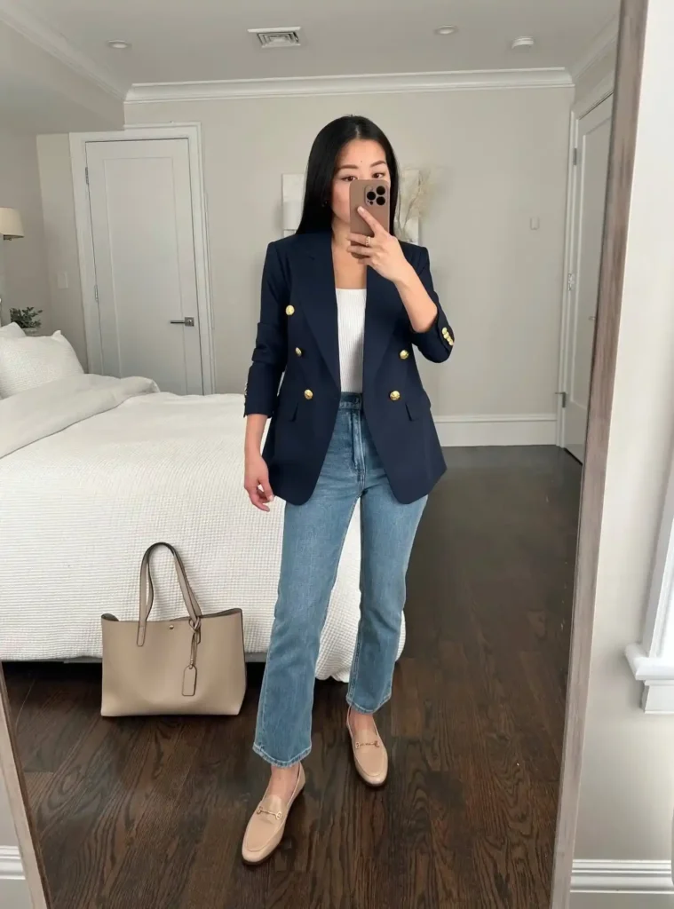 A petite woman in a white ribbed top under a structured navy double-breasted blazer with gold buttons, paired with straight-leg jeans and nude loafers, showing how a single well-fitted outer layer keeps the silhouette clean without adding bulk through the torso.