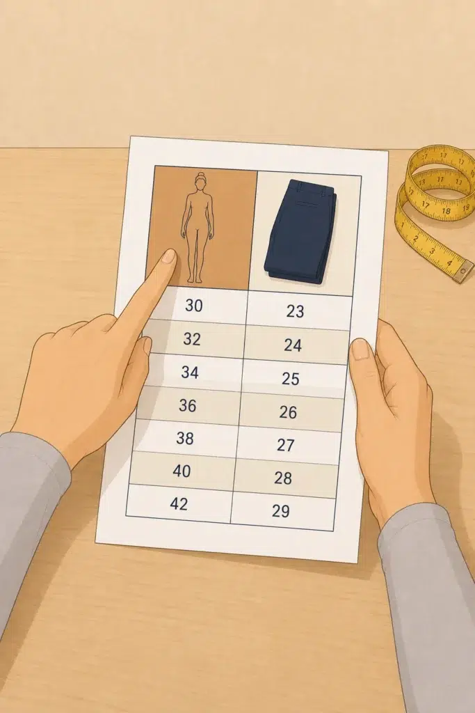 A woman holds a smartphone displaying a clothing product page with a Petite size chart, while the Petite option is visibly selected next to an unselected Regular option.