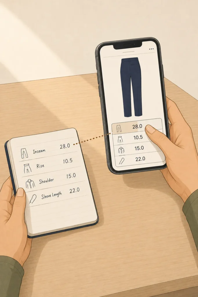 A woman compares clothing measurements by pointing to an inseam measurement on a smartphone while an open notebook beside it contains her corresponding body and garment measurements.