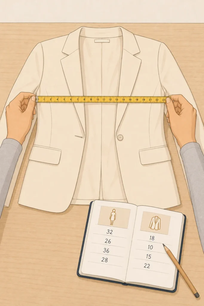 A cream blazer is laid flat on a wooden table while two hands stretch a yellow measuring tape horizontally from one armpit seam to the other to measure the garment's flat chest width.