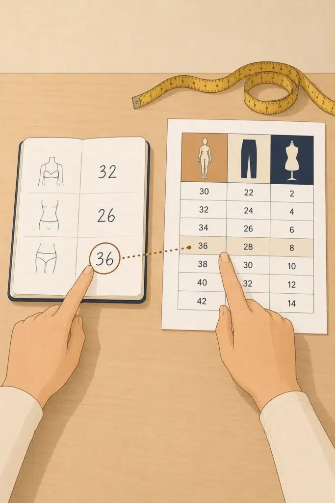 Hands hold a printed clothing size chart on a wooden desk while one finger points toward the body measurement column and a yellow measuring tape rests nearby.