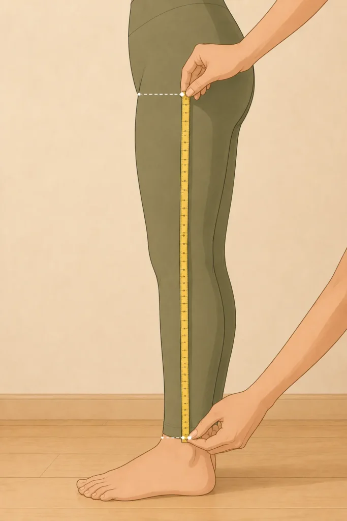 A woman in olive green leggings and a fitted white tank top measures her natural waist with a yellow fabric tape measure while checking the measurement in a full-length mirror.