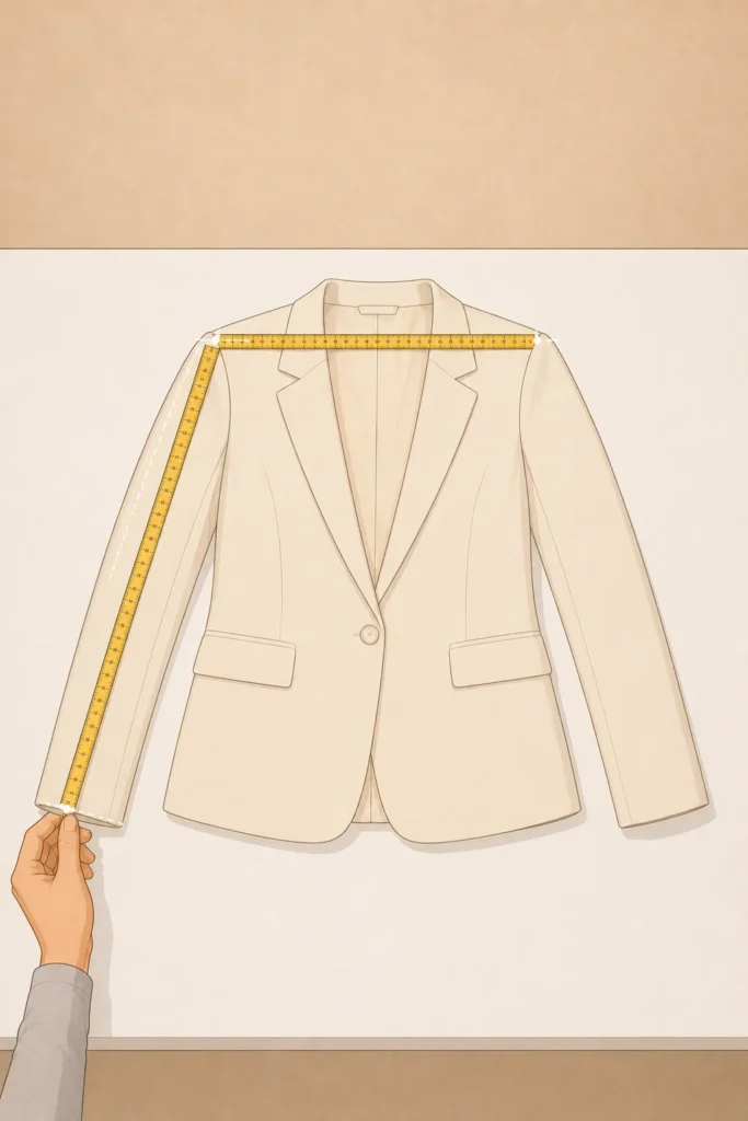A pair of dark navy tailored trousers lies flat on a white surface while a yellow measuring tape is held vertically from the top of the waistband to the crotch seam to measure the rise.