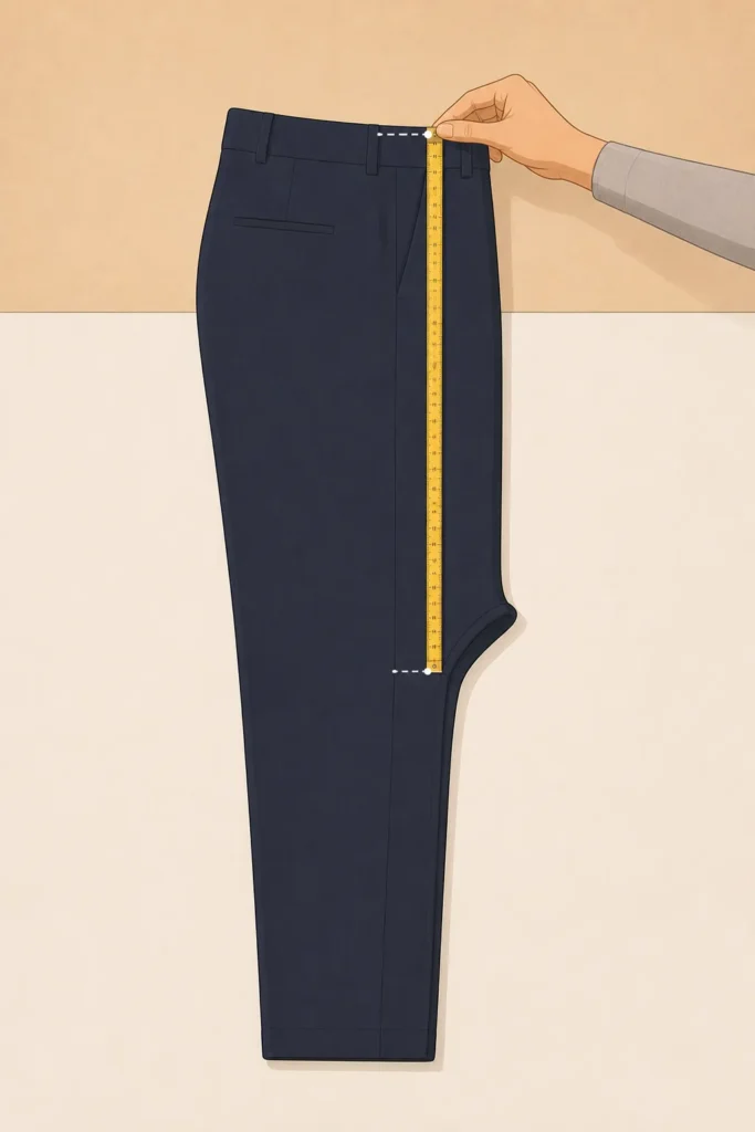 A close-up side view shows a woman measuring her inner leg length with a yellow tape measure stretched from the inner thigh crease to the ankle bone, with both measurement points clearly marked.