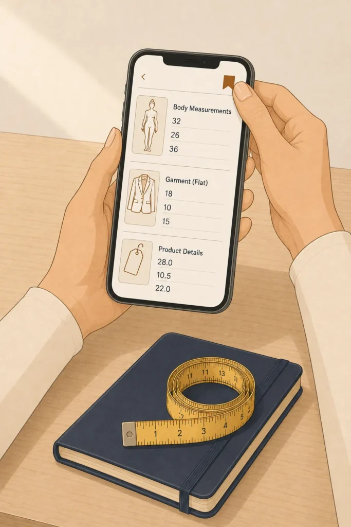A woman holds a smartphone displaying saved body and garment measurements in a notes app, with a navy notebook and coiled yellow measuring tape resting on the desk below.