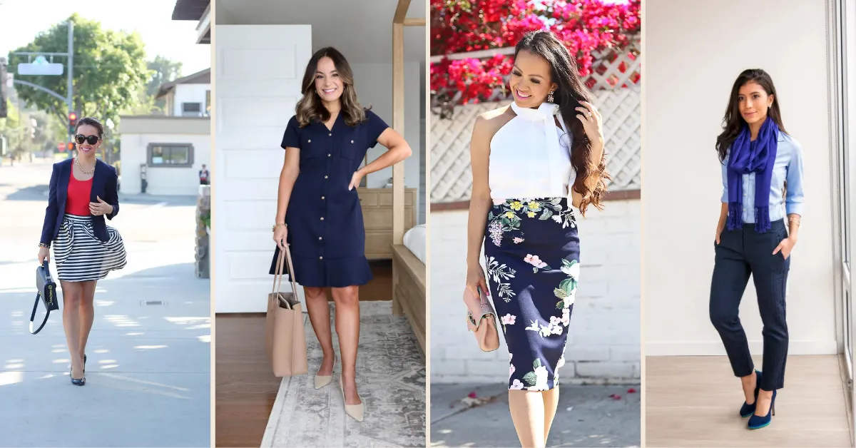 A four-panel collage of petite navy work outfits including a navy blazer over a red top with a navy and white striped bubble mini skirt, a navy short-sleeve button-front shirt dress with gold hardware and a flounce hem, a white halter tie-neck blouse tucked into a high-waisted navy botanical floral pencil skirt, and a light blue button-up shirt with a royal blue fringed scarf paired with navy textured cropped ankle trousers, styled as polished office looks for petite women.