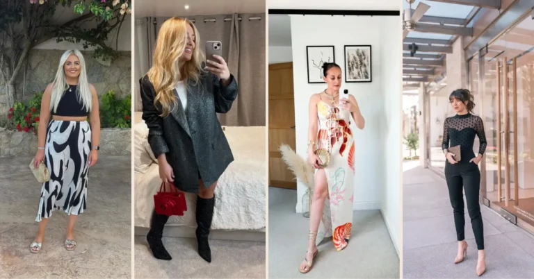 A collage of four petite holiday party outfits: a black crop top with an abstract black and white pleated midi skirt and gold sandals outdoors; a dark glitter oversized blazer worn as a mini with sparkle knee-high boots and a red velvet mini bag in a bedroom mirror selfie; a cream tropical print lace-up slit maxi dress with gold strappy sandals and a shell clutch in a bedroom mirror selfie; and a black sheer polka dot mesh long-sleeve bodysuit with fitted black cigarette trousers and nude pointed stiletto heels outside a glass-fronted building.