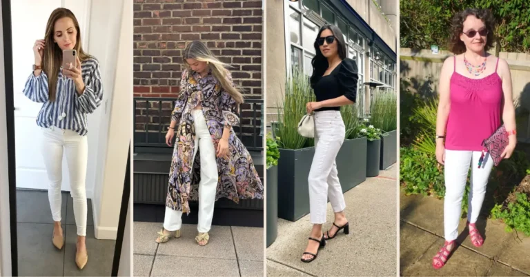 A collage of four petite white jeans outfits for spring and summer, showing a bold blue and white stripe bell-sleeve top with white skinny jeans and nude pumps, a printed maxi duster worn open over white wide-leg jeans with gold bow mule heels, a black puff-sleeve fitted top with white straight-leg cropped jeans and black strappy block heels, and a fuchsia lace cami with white slim skinnies and matching fuchsia gladiator sandals.