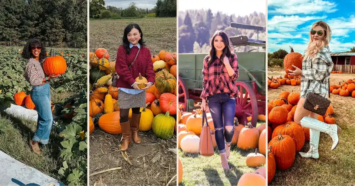 A four-photo collage of petite pumpkin patch outfit ideas: from left, a woman in a gingham blouse tucked into high-waist wide-leg jeans with tan ankle boots holding a large orange pumpkin in a vine field; a woman in a cranberry cable-knit sweater over a blue collared shirt with a houndstooth mini skirt and cognac riding boots in front of a colorful pumpkin pile; a woman in a pink buffalo plaid peplum flannel with dark distressed skinny jeans and blush ankle booties carrying a camel tote; and a woman in an oversized cream plaid flannel worn as a mini dress with white tall cowboy boots propped on a pumpkin in a sunny patch.