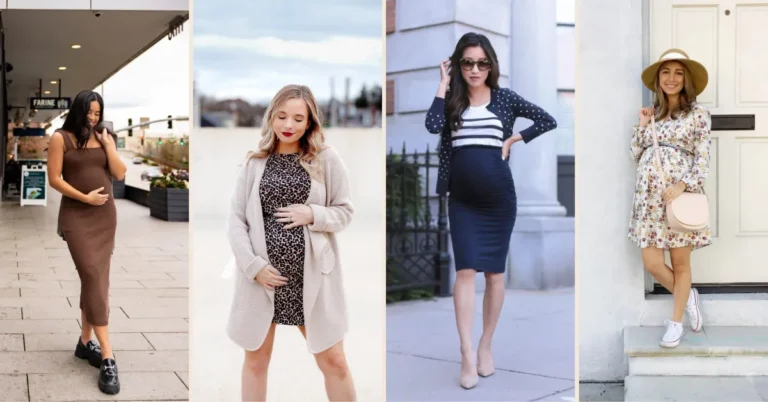 A four-panel collage of petite maternity outfit ideas featuring: a pregnant woman in a sleeveless dark brown ribbed midi dress with chunky black patent loafers on a city pavement; a pregnant blonde woman in a leopard print mini dress layered under a long oatmeal knit cardigan with a deep red lip outdoors; a petite pregnant woman in a navy ruched pencil skirt with a white and navy striped tee, polka dot cardigan, and nude pointed heels on a city sidewalk; and a pregnant woman in a long-sleeve white and floral mini dress with a wide-brim straw hat, blush round crossbody bag, and white high-top sneakers leaning against a cream front door.