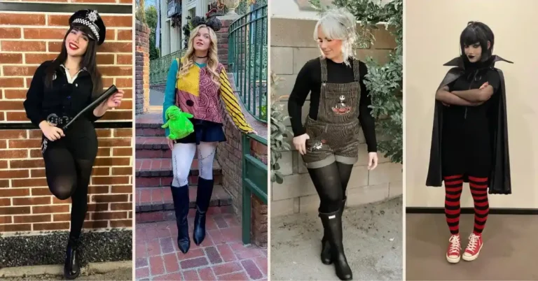 Four-panel collage of petite Halloween outfits featuring, from left to right: a woman in an all-black police costume with a checkered cap, mini shorts, opaque tights, and ankle boots; a woman in a multicolor Sally patchwork knit sweater, black mini skirt, white stitched thigh-highs, and tall black OTK boots; a woman in dark olive Halloween embroidered corduroy shortalls layered over a black long-sleeve with black tights and tall rain boots; and a woman in a fitted black ribbed mini dress under a dramatic vampire cape with red and black striped thigh-highs and red high-top sneakers.