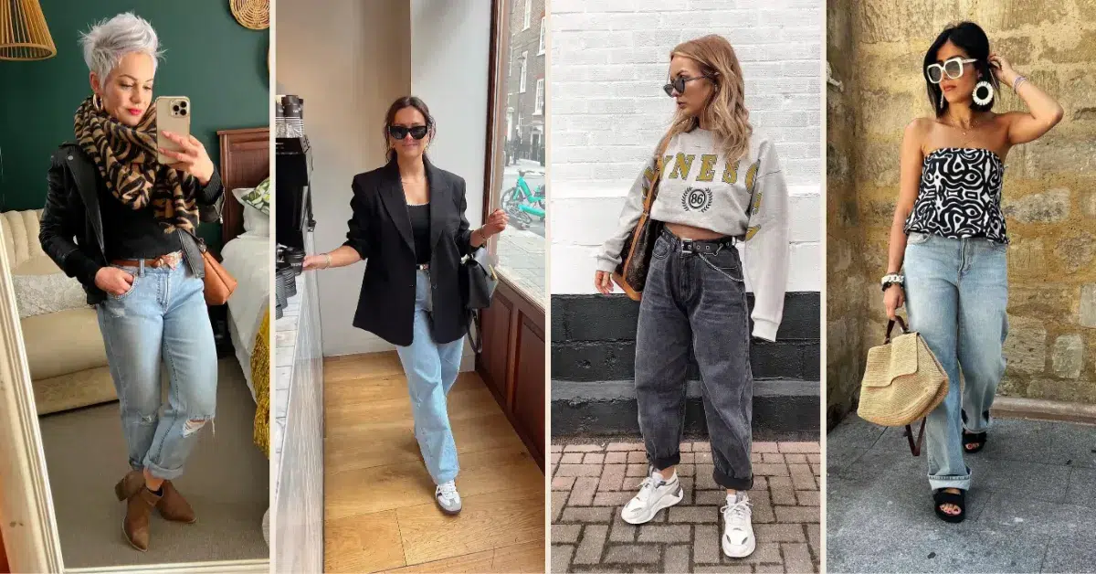 Petite boyfriend jeans outfits collage showing four casual looks: a moto jacket and tiger-print scarf with light wash cuffed boyfriend jeans and ankle booties, an oversized black blazer belted over light wash straight boyfriend jeans with white sneakers, a grey varsity crop sweatshirt with dark charcoal baggy boyfriend jeans and chunky trainers, and a bold black and white abstract print strapless peplum top with pale light wash roomy boyfriend jeans and black platform slides.
