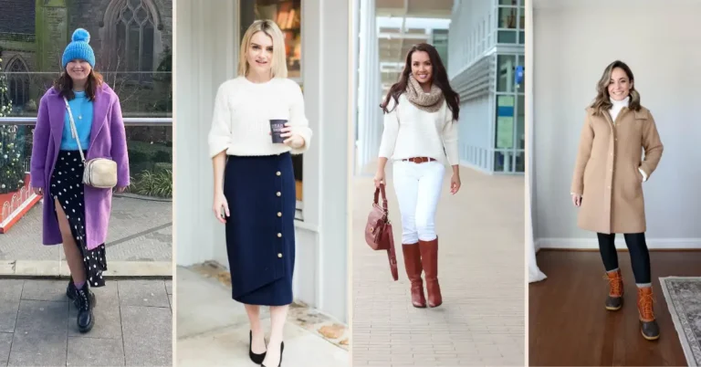 Cozy petite winter weekend outfit ideas featuring four women in warm seasonal looks, including a purple coat with a knit hat, a white sweater with a navy skirt, a cream sweater with white jeans and tall boots, and a camel coat with leggings and boots.