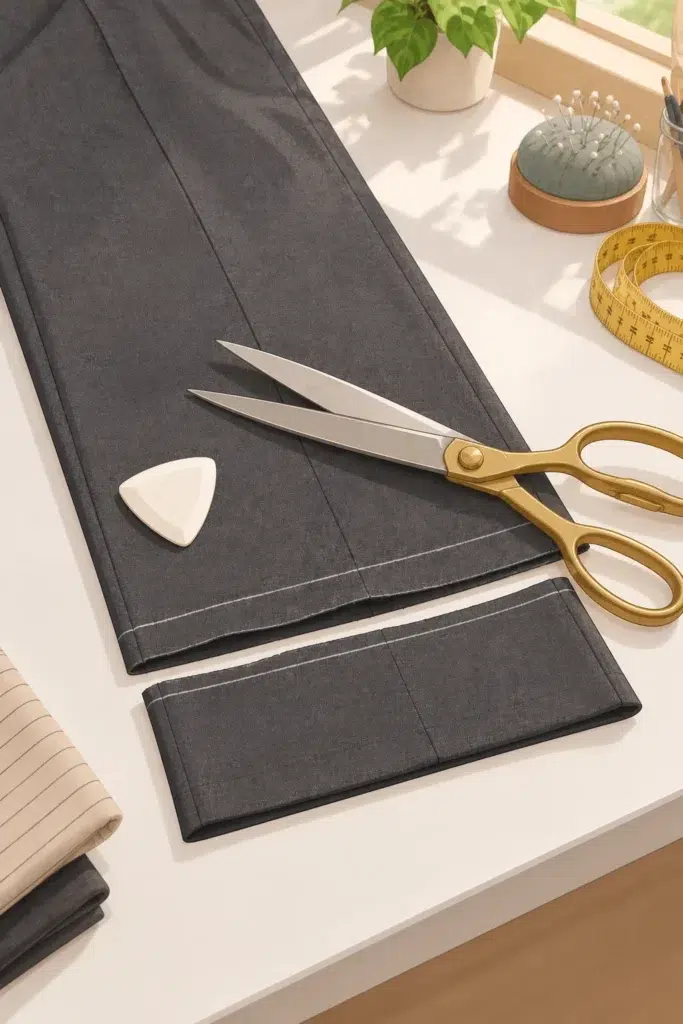 Large fabric scissors cutting along a chalk-marked hem on charcoal gray trouser fabric, demonstrating the cutting step for shortening dress trousers.