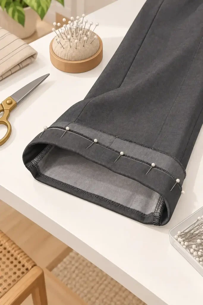 Close-up of hands hand-sewing a folded charcoal gray trouser hem with matching thread and needle, demonstrating how to sew a neat trouser hem