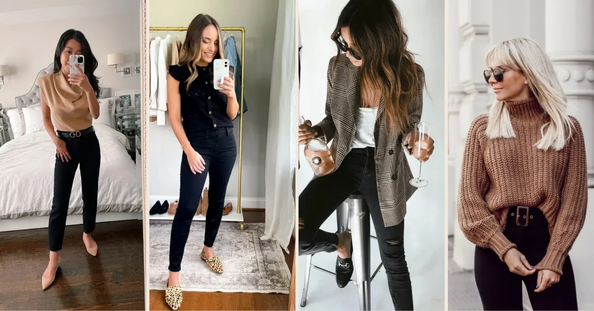 Collage of four petite black jeans outfits: a camel cowl-neck knit with a gold horsebit belt and nude pointed flats, a black eyelet flutter-sleeve top with leopard flat mules, a houndstooth blazer with a white tee over ripped black skinny jeans, and a belted camel chunky turtleneck with black skinny jeans and aviator sunglasses.